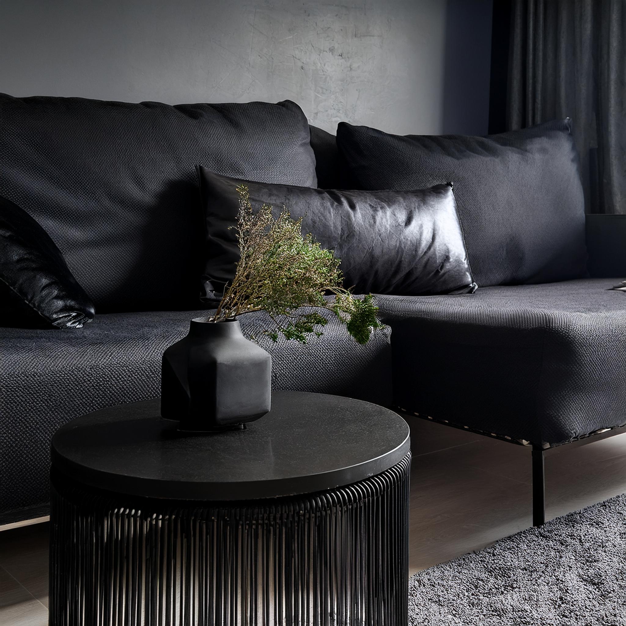 CARBON brutalist modern style lounge area lavarock side table, dark sofa 43422